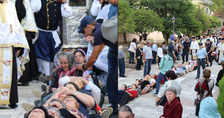 Πιστοί έκαναν ανθρώπινη αλυσίδα για να περάσει από πάνω τους το λείψανο του Άγιου Γεράσιμου