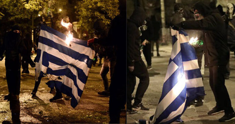 Κουκουλοφόροι έκαψαν δυο ελληνικές σημαίες χτες το βράδυ στα Εξάρχεια