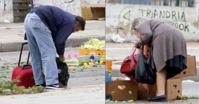 Έλληνες πολίτες μαζεύουν πεταμένα τρόφιμα από τον δρόμο μετά το τέλος της λαϊκής