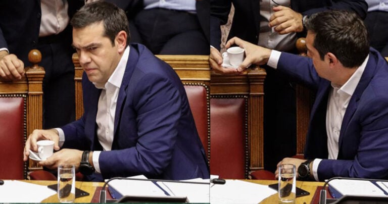 O «αγουροξυπνημένος» Τσιπράς πίνει το εσπρεσάκι του στη βουλή για να τονωθεί