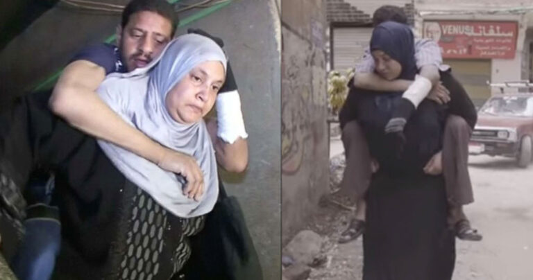 Γυναίκα κουβαλά στους ώμους τον σύζυγό της σε μια πράξη αληθινής αγάπης