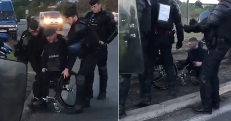 Γάλλοι αστυνομικοί πετούν διαδηλωτή από το αναπηρικό του καροτσάκι
