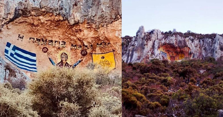 Καστελλόριζο: Zωγράφος από την Ξάνθη έφτιαξε τεράστια βραχογραφία της Παναγίας