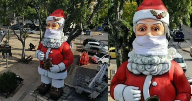 Γλυφάδα: Στόλισαν το κέντρο με πανήψηλο Άι Βασίλη που φοράει μάσκα