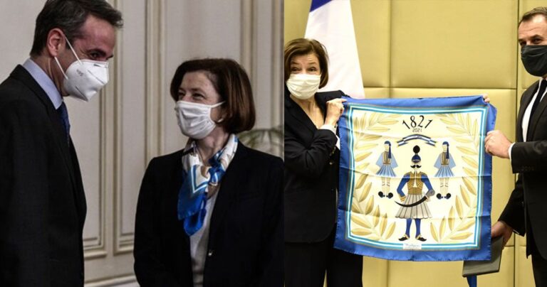 Με φουλάρι 1821 συνάντησε η Γαλλίδα Υπουργός Αμύνης Παρλί τον πρωθυπουργό