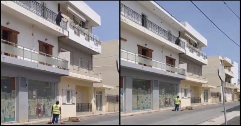 Εικόνες ντροπής: Πετάει σκουπίδια από τον 2ο λέγοντας στην καθαρίστρια «δουλειά σου είναι»
