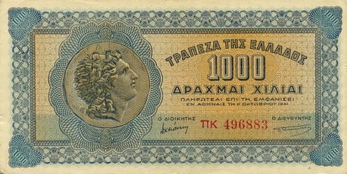 greecep117b 1000drachmai 1941 f donated
