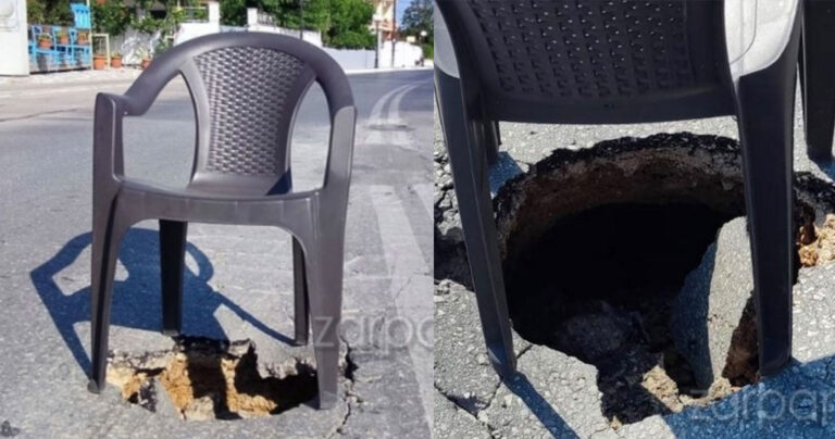 Μόνο στην Ελλάδα: Άνοιξε μεγάλη τρύπα σε κεντρικό δρόμο και την «μπάλωσαν» με πλαστική καρέκλα