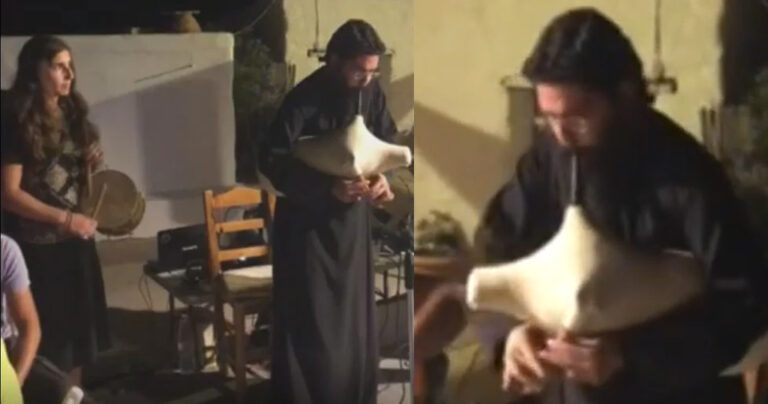 Ιερέας και πρεσβυτέρα παίζουν κρουστά και τσαμπούνα σε Πανηγύρι της Αντιπάρου
