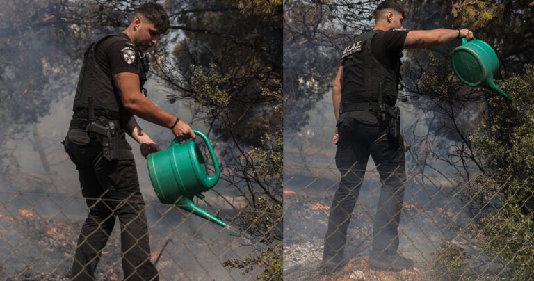 Πεντέλη: Αστυνομικοί ΔΙΑΣ προσπαθούν να σβήσουν φωτιά με ποτιστήρια