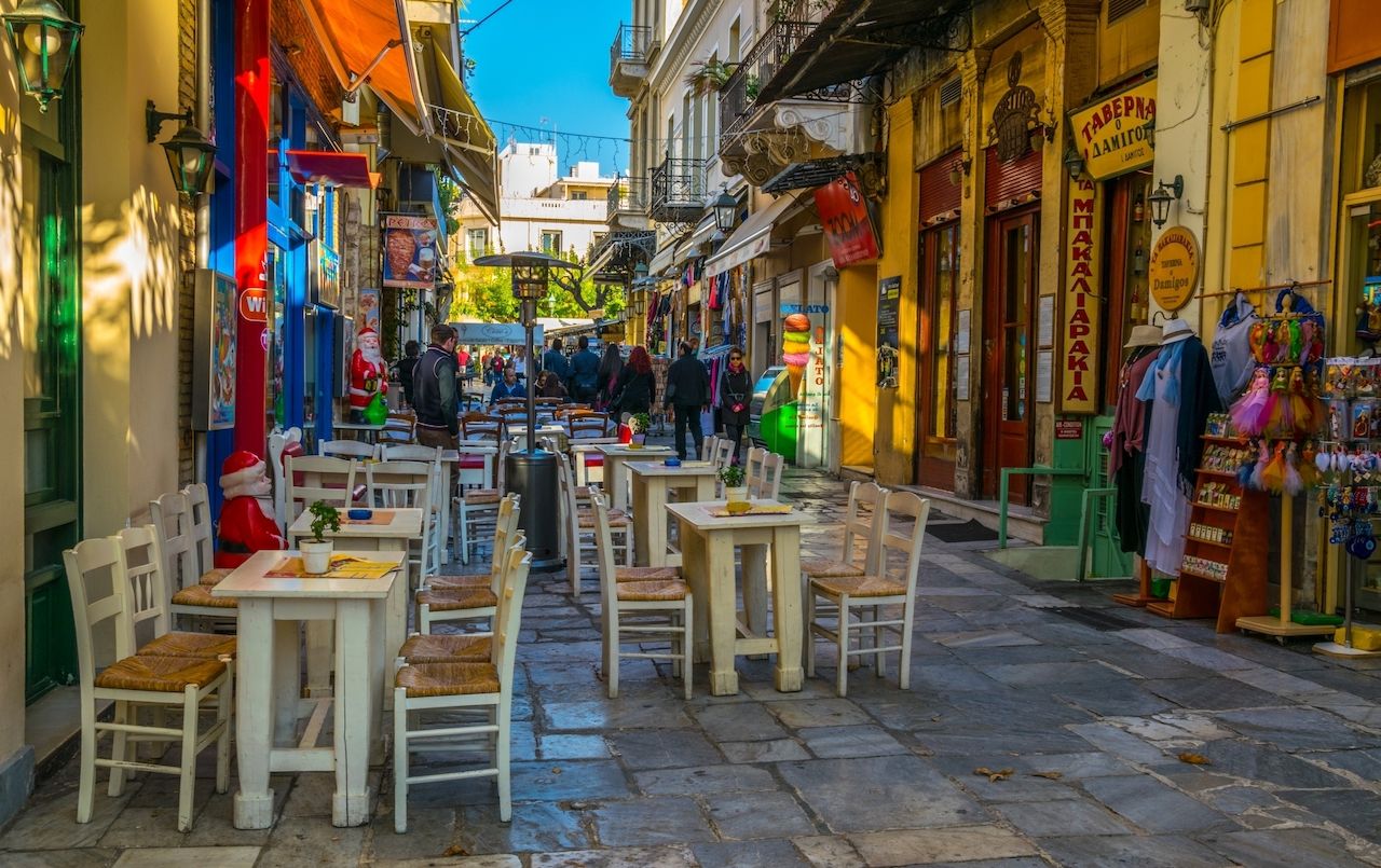view of adrianu shopping street in plaka athens