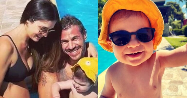 O μπαμπάς Άκης Πετρετζίκης με την έγκυο σύζυγό του και τον γιο τους στην πισίνα