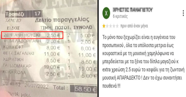 Ταβέρνα χρεώνει τους πελάτες 2,50 ευρώ το άτομο για την ζωντανή μουσική