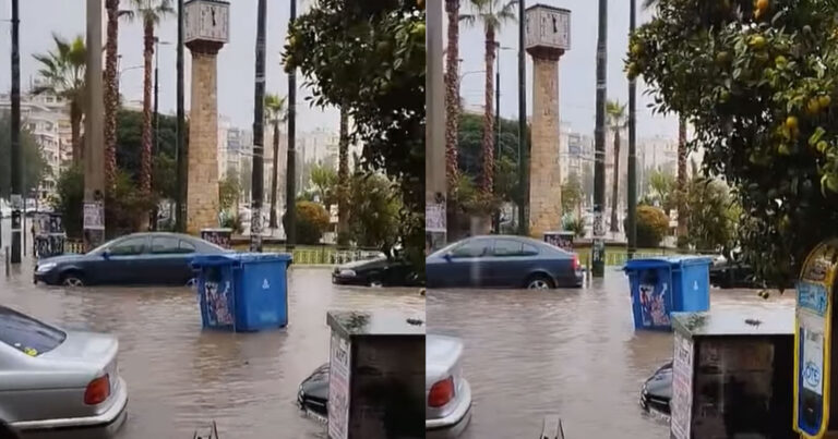 Πειραιάς: Κάδος απορριμμάτων «ζωντάνεψε» και κάνει βόλτα σε πλημμυρισμένο δρόμο