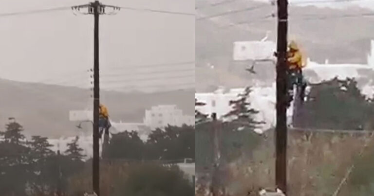 Συγκλονιστικό βίντεο: Έλληνας εναερίτης κρέμεται από κολώνα της ΔΕΗ την ώρα της κακοκαιρίας