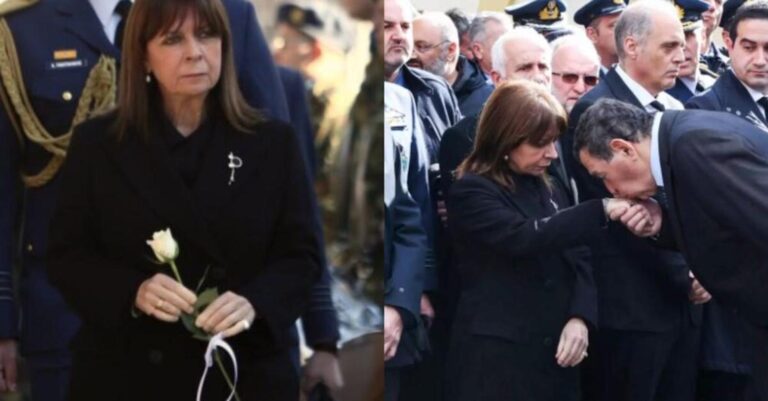 Σάλος στην κηδεία πιλότου Ευστάθιου Τσιτλακίδη: Το χειροφίλημα του Φραγκούλη Φράγκου στην Κατερίνα Σακελλαροπούλου – Έκπληκτος ο Μιχάλης Κατρίνης