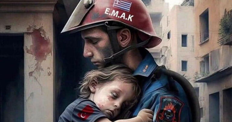 Η φωτογραφία με άντρα της ΕΜΑΚ αγκαλιά με παιδί που συγκλονίζει