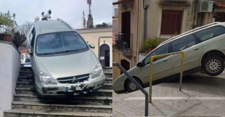 Καλαμάτα: 92χρονος οδηγός «παγιδεύτηκε» σε σκαλοπάτια – To μισό αυτοκίνητό βρέθηκε στον αέρα