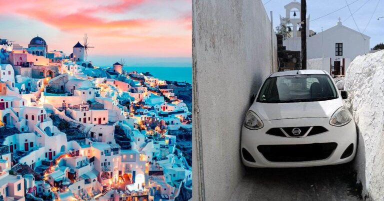 Μια χαρά είσαι… σβήσε: Γκαφατζής οδηγός, σφήνωσε το αμάξι σε δρομάκι της Σαντορίνης