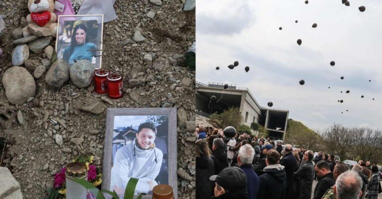 Δάκρυσε και ο Θεός στα Τέμπη: Σπαραγμός στο μνημόσυνο για τις 40 ημέρες – Άφησαν λουλούδια και μαύρα μπαλόνια