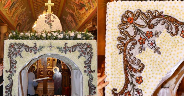 Έργο τέχνης: Επιτάφιος στη Χαλκιδική στολίστηκε με 70.000 πέρλες και 20.000 χρυσάνθεμα