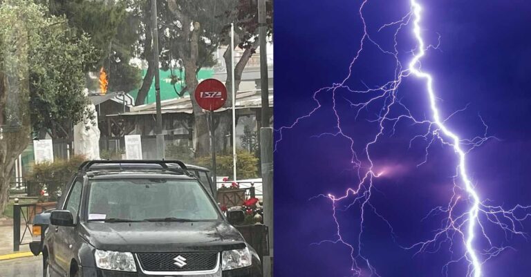 Κακοκαιρία: Κεραυνός έπεσε στο Μαρούσι και πήρε φωτιά δέντρο πάνω από γνωστή καφετέρια