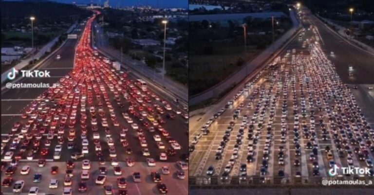 «Κόκκινο ποτάμι» η επιστροφή των εκδρομέων του Πάσχα – Εντυπωσιακές εικόνες από drone πάνω από τα διόδια της Ελευσίνας