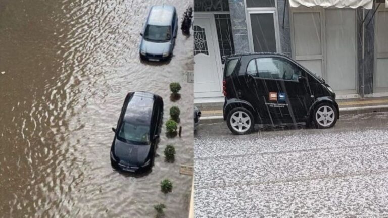 «Άνοιξαν οι ουρανοί» στην Πτολεμαϊδα: Ποτάμια οι δρόμοι από τις σφοδρές καταιγίδες και το χαλάζι