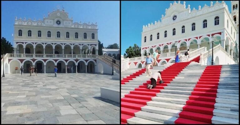 Γονατιστοί ανεβαίνουν οι προσκυνητές στην Παναγία της Τήνου