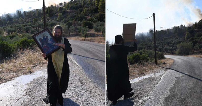 Ιερέας στην Βοιωτία «ξορκίζει» την πυρκαγιά κάνοντας περιφορά εικόνας