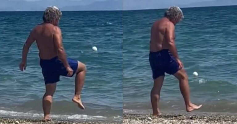 Ο θρυλικός Βασίλης Χατζηπαναγής κάνει «κόλπα» με μικρή μπάλα σε παραλία και αποθεώνεται