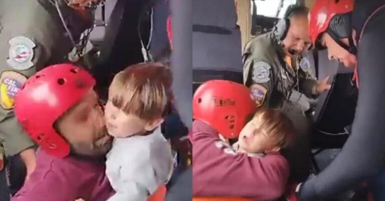 «Γροθıά» στο στoμάχι: Ελικόπτερο σώζει πατέρα με τον μικρό του γιο από στέγη σπιτιού  –  Το παιδi βάζει τα κλάματα