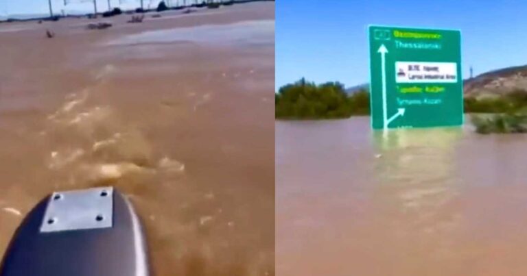 Με σκάφος στην Εθνική Οδό: Έβγαλε βίντεο και μας δείχνει το μέγεθος της πλημμύρας