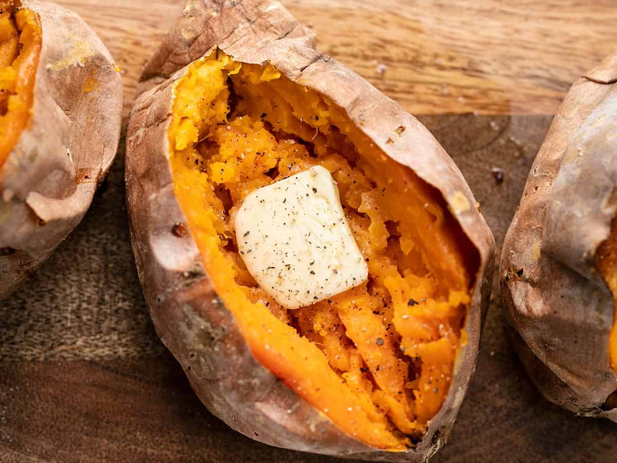 baked sweet potatoes close