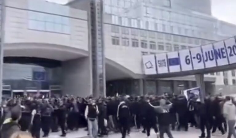 Οπαδοί του ΠΑΟΚ σήκωσαν πανό για τα θúματα των Τεμπών και κaτά του Μητσοτάκη έξω από το Ευρωκοινοβούλιο