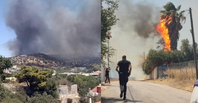 Μήνυμα 112: Μεγάλη φωτιά στη Βάρης – Κορωπίου: Εκκενώνονται περιοχές – Μπήκε στο κτήμα «Νεφέλες» – Ζημιές σε σπίτια