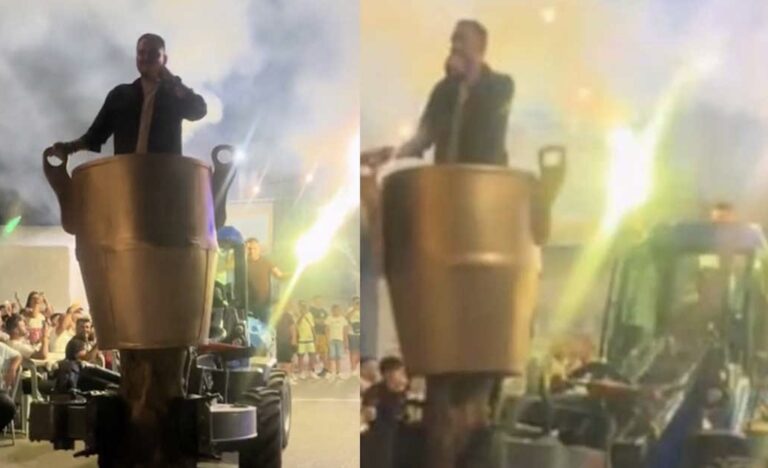Χαμός σε πανηγύρι – Τραγουδιστής έκανε είσοδο μέσα σε χρυσή κούπα που τον μετέφερε τρακτέρ