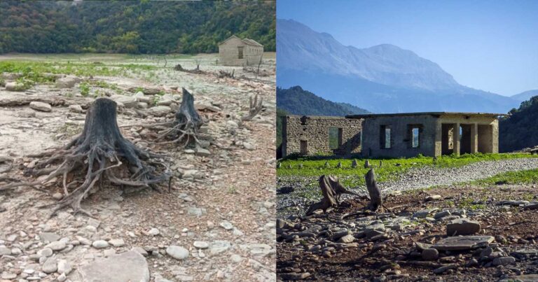 Άρτα: Η ξηρασία αποκάλυψε βυθισμένο οικισμό στην τεχνητή λίμνη του Πουρναρίου