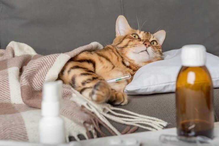 sick cat lies couch wrapped blanket bengal cat with flu cold symptoms being treated home winter cold flu concept person 1048944 488339