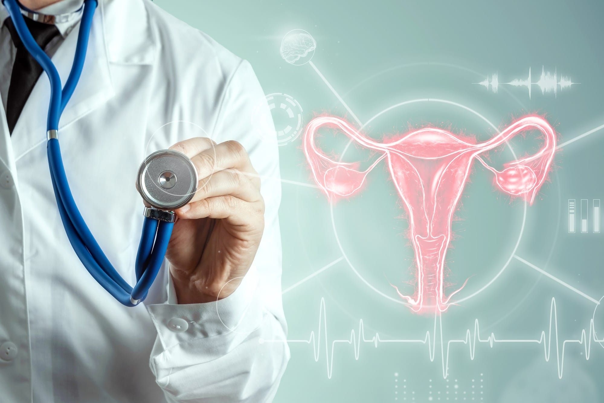 doctor with hologram female organ uterus diseases uterus ovaries menstrual pain medical examination women s consultation gynecology
