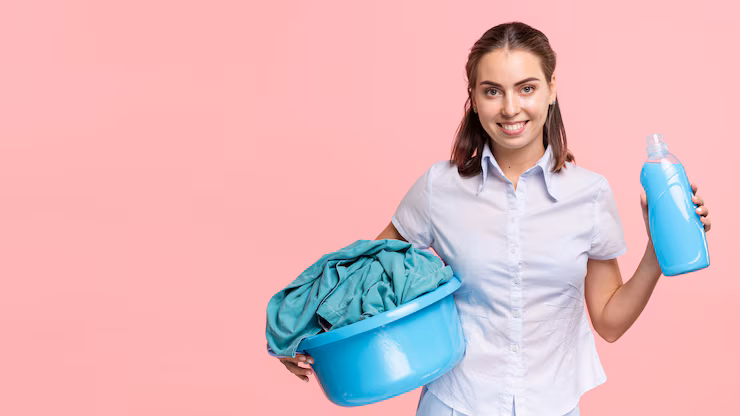 front view woman holding laundry basket detergent 23 2148246454
