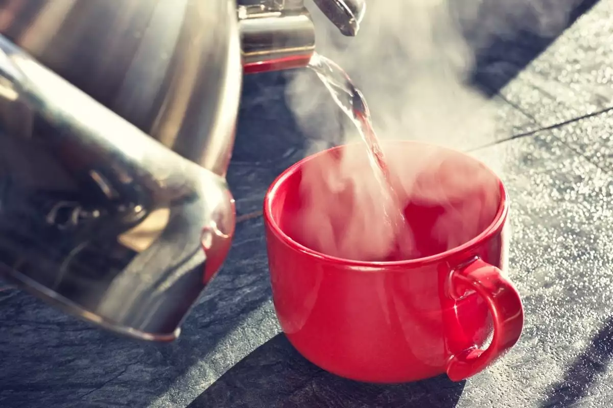 hot water steams into a red cup picture id187597082 1200x800 1