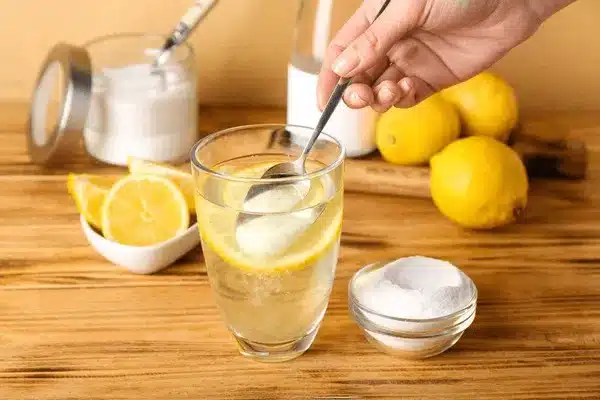 woman adding baking soda into 60