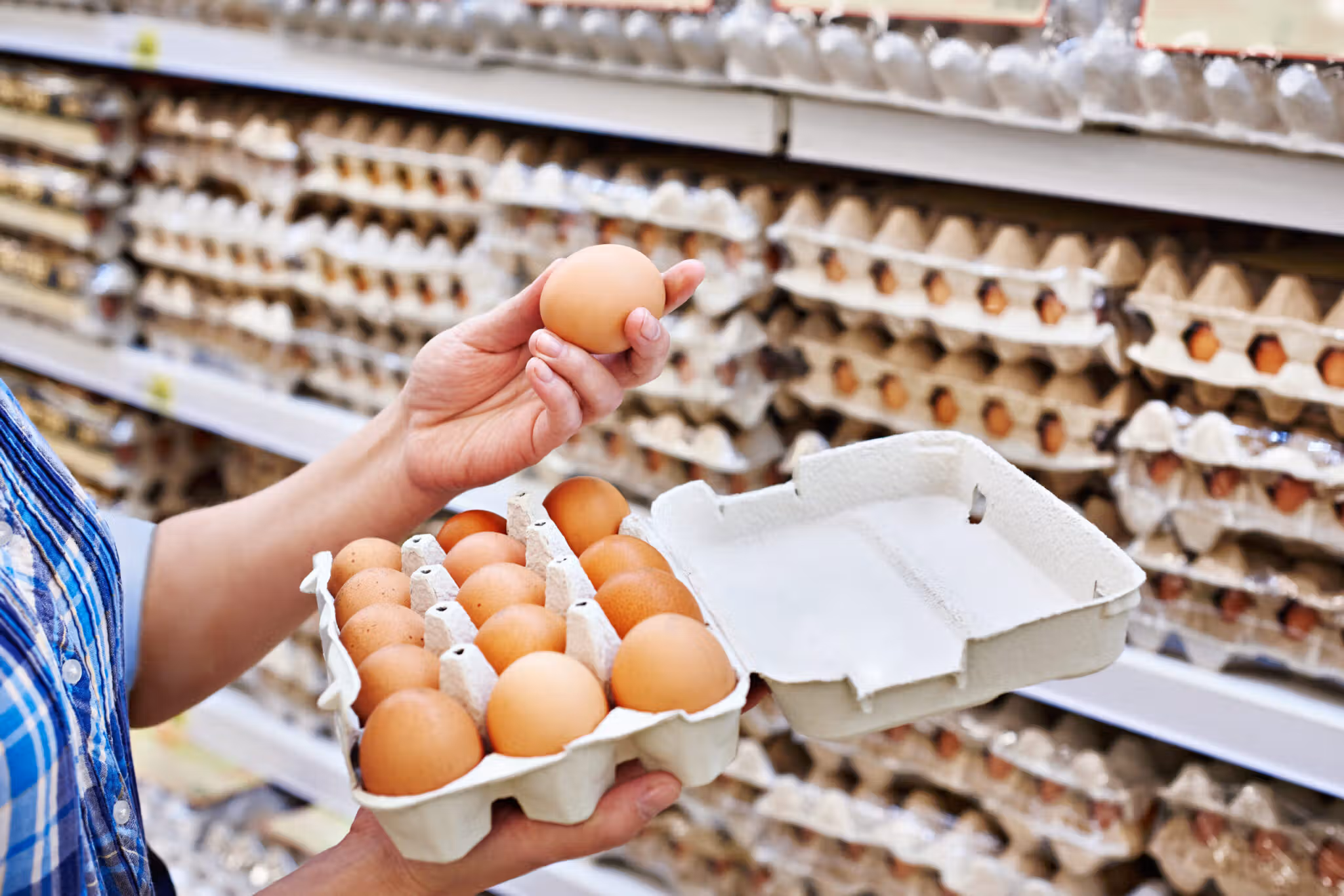 in hands of woman packing eggs in supermarket 2048x1366 1