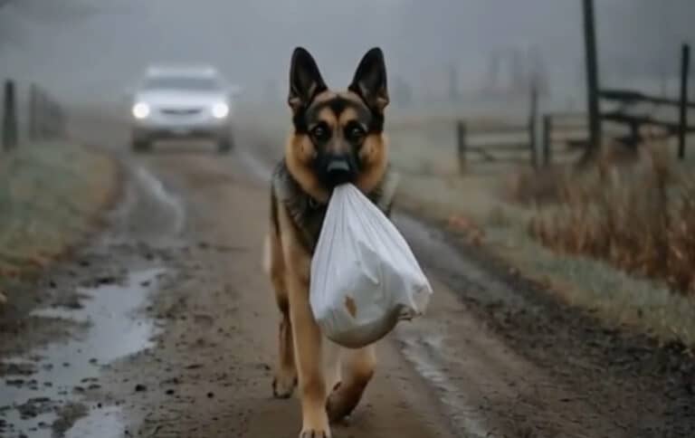 Μια γυναίκα παρατήρησε έναν Γερμανικό Ποιμενικό να περπατάει στον δρόμο κρατώντας μια λευκή σακούλα στο στόμα του· ξαφνικά ένα αυτοκίνητο σταμάτησε δίπλα και ο οδηγός πήρε τη σακούλα από τον σκύλο και έπειτα έφυγε.