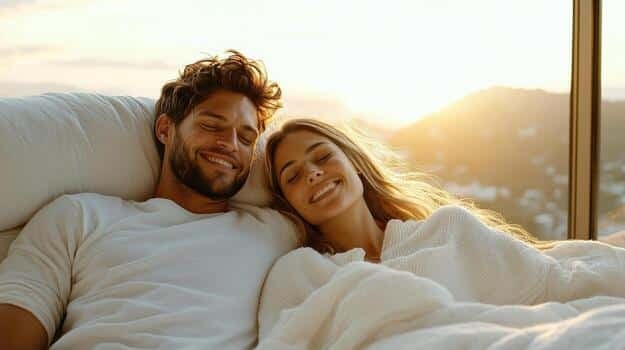 a man and woman are laying in bed together free photo