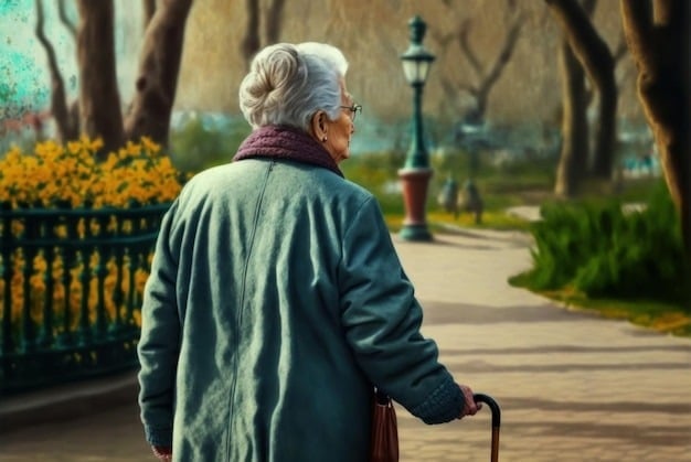 old woman walking park with walk