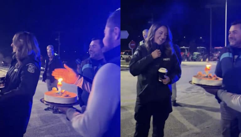 Αγρότες έκαναν έκπληξη με τούρτα στην υποδιοικήτρια της αστυνομίας που είχε γενέθλια