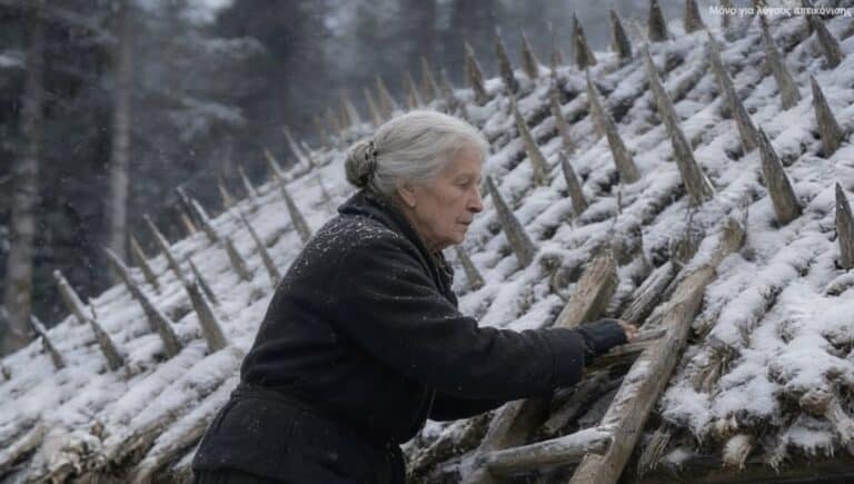 Μια ηλικιωμένη γυναίκα πέρασε όλο το καλοκαίρι και το φθινόπωρο τοποθετώντας μυτερούς ξύλινους πασσάλους πάνω στη στέγη της. Οι γείτονες ήταν βέβαιοι πως είχε χάσει τα λογικά της… μέχρι που τελικά έφτασε ο χειμώνας.