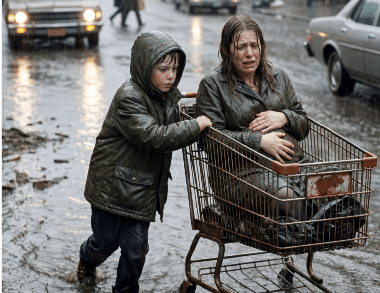 Όταν τα αυτοκίνητα προσπερνούσαν μια έγκυο γυναίκα σε πλημμυρισμένο δρόμο, ένα άστεγο αγόρι βγήκε στη βροχή να τη βοηθήσει. Λίγες μέρες αργότερα, ένα SUV σταμάτησε έξω από το συσσίτιο — και εκείνος πάγωσε.